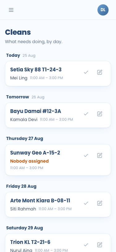 The Kleanly Studio landlord portal on a phone, showing the cleans due today and this week